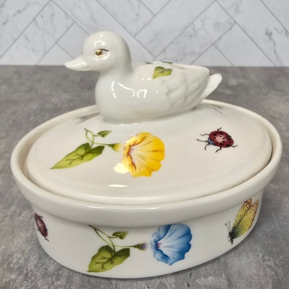 Unbranded Other - Vintage Ceramic Duck Trinket Box Butterfly Ladybug Floral Garden Porcelain Dish
